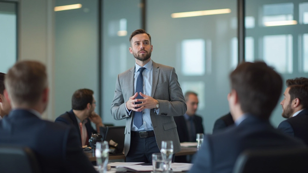 Профессиональное фото менеджера, проводящего встречу с командой в современном офисе